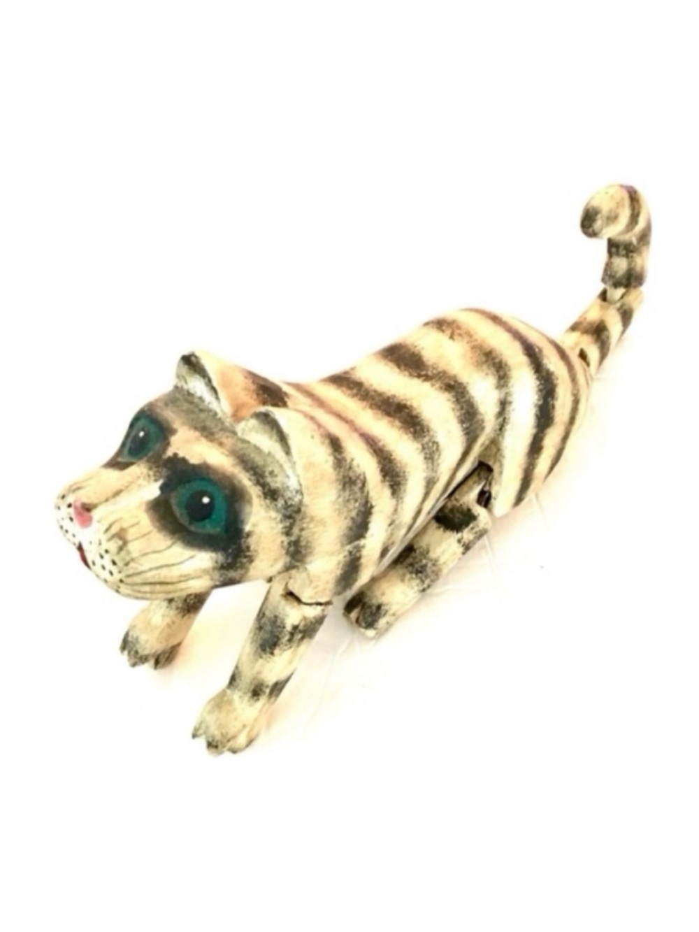 Artisan Hand Carved and Painted Wooden Cat Figurine